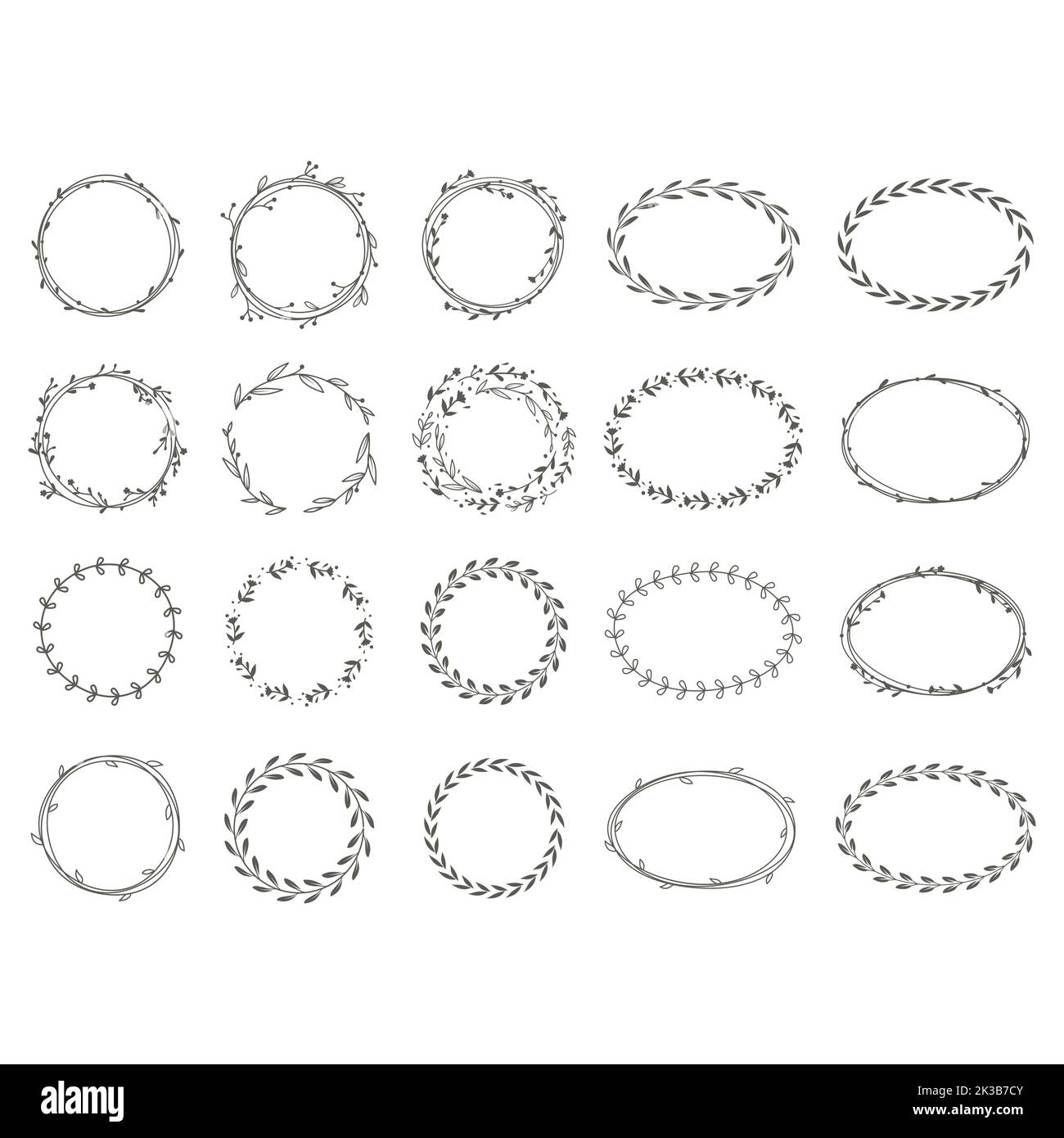 Set di corona floreale a foglia. Modello di cornice circolare ed ellittica con foglie e rami. Illustrazione Vettoriale