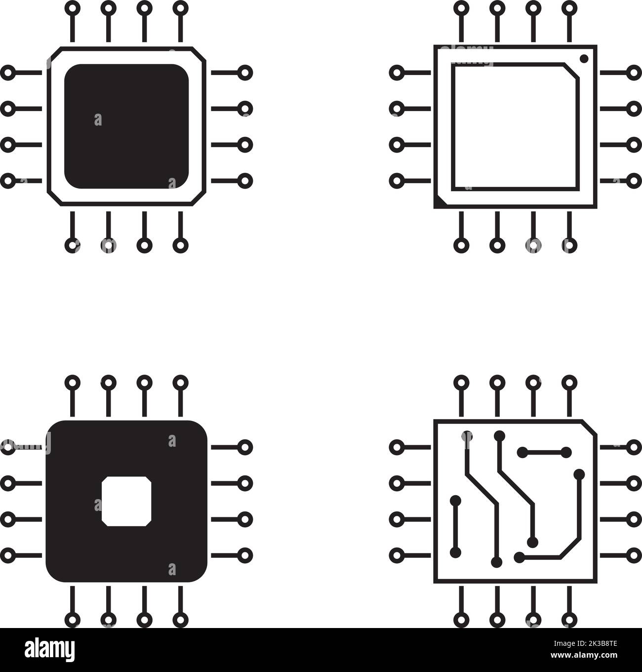 Chip IC a microprocessore per computer con design piatto minimalista, pacchetto icone, microchip elettronico, tecnologia a semiconduttore Illustrazione Vettoriale