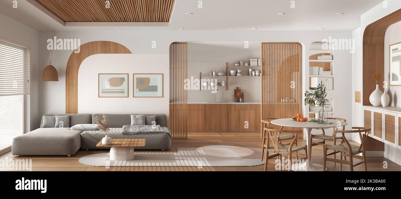 Vista panoramica della moderna cucina in legno, sala da pranzo e soggiorno in tonalità bianche, divano con moquette e tavolo con sedie, porta scorrevole. Finestra, parquet Foto Stock