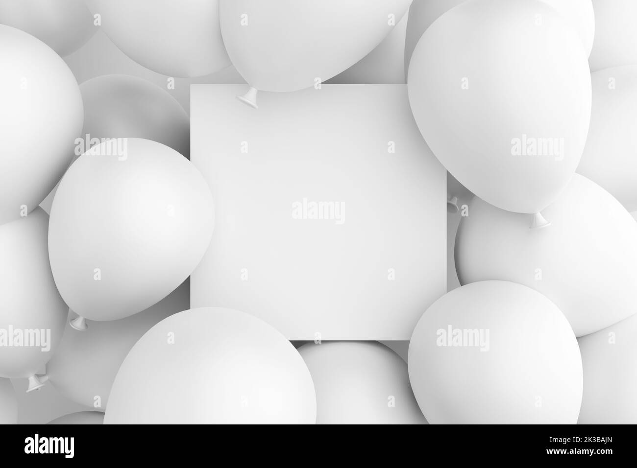 Vuoto vuoto bianco segno o cornice circondata da palloncini d'aria bianca. Sfondo o beffa per celebrazioni, feste, saluti e inviti. Rendering 3D Foto Stock