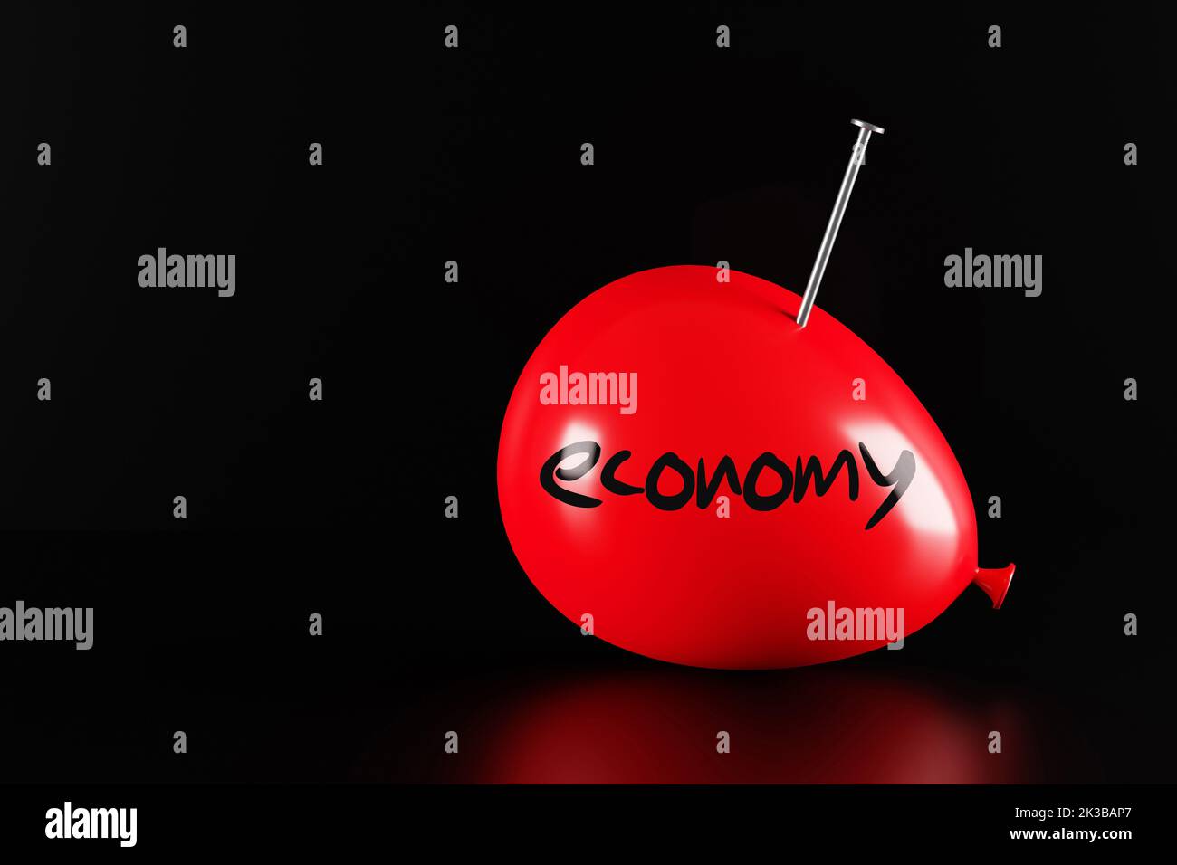 Bolla economica, crisi finanziaria e concetto di inflazione. Palloncino rosso con la parola economia è stato pop up con un chiodo. Rendering 3D. Foto Stock