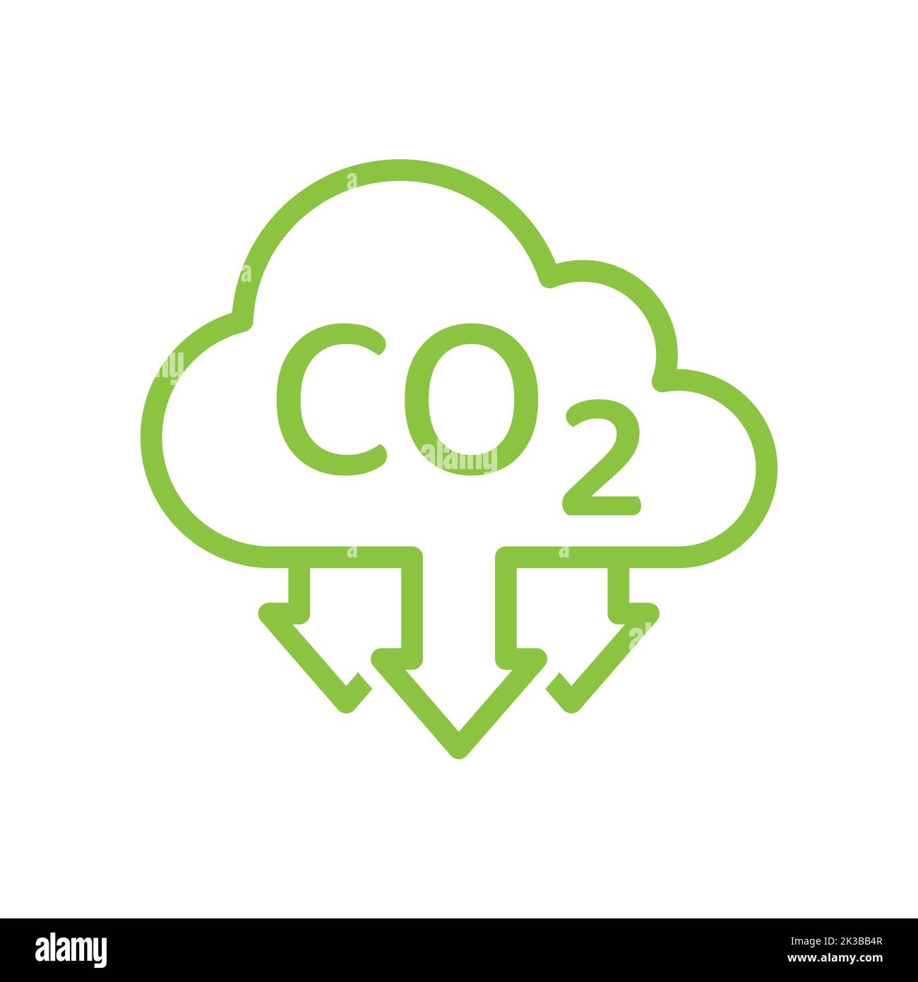 Icona vettore CO2 nuvola e frecce. Simbolo con contorno per la riduzione dell'inquinamento da anidride carbonica. Illustrazione Vettoriale