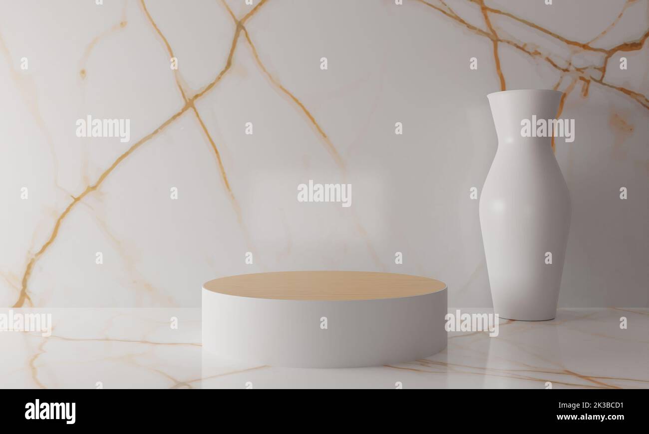 cilindro e vaso in legno nella sala studio bianca.3d rendering. Foto Stock