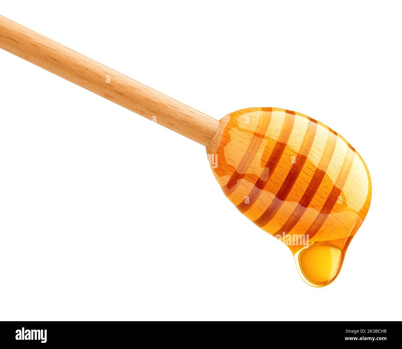 Miele che sgocciola isolato su sfondo bianco, percorso di ritaglio, profondità di campo completa Foto Stock