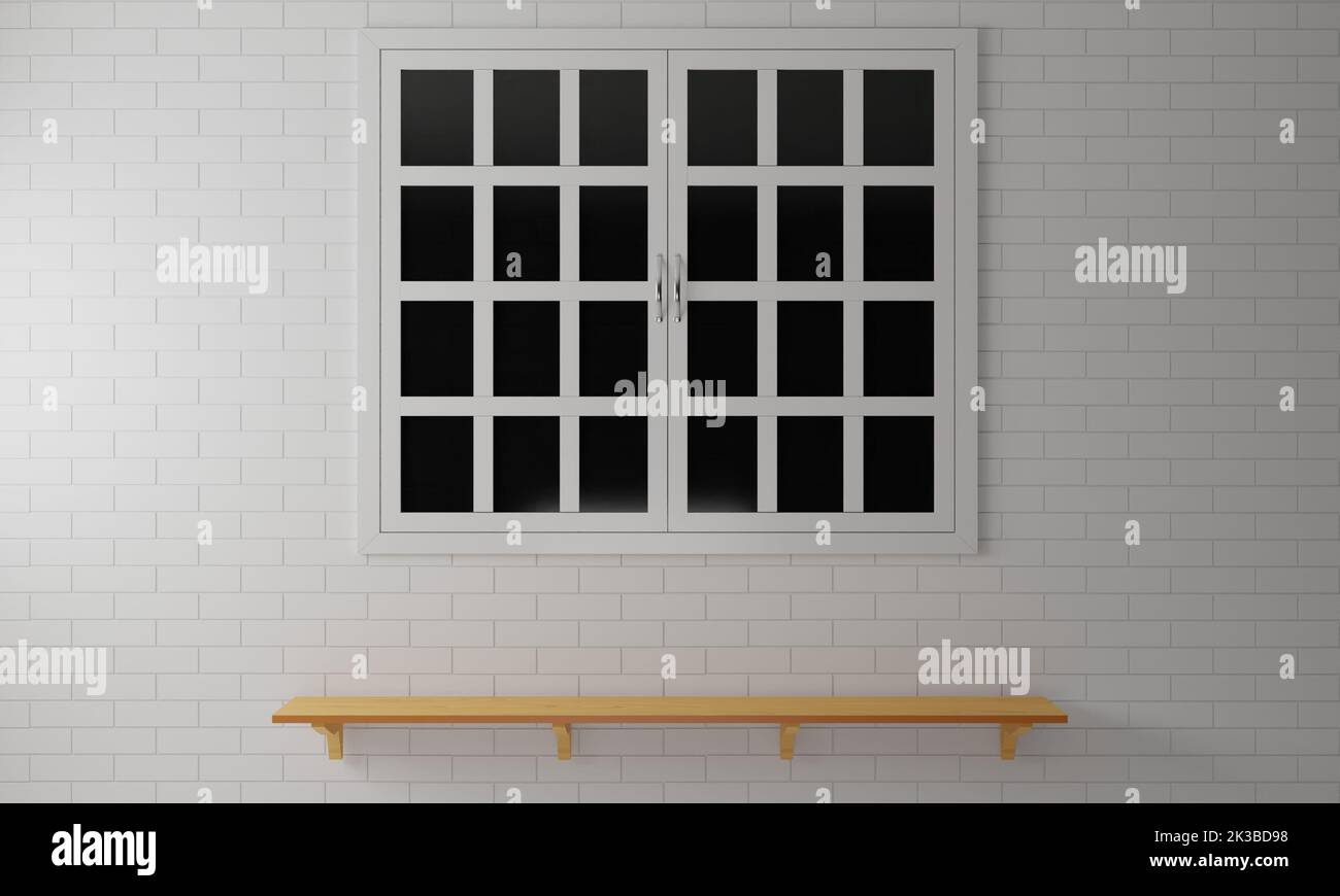 mensola di legno e finestre bianche su muro di mattoni bianchi.3d rendering. Foto Stock
