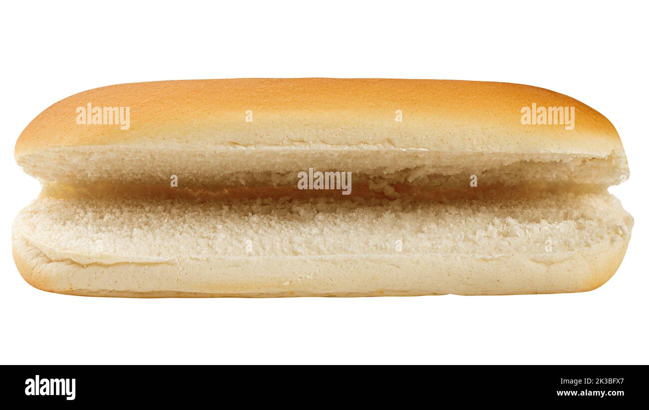 Hot DOG BUN isolato su sfondo bianco, percorso di ritaglio, profondità di campo completa Foto Stock