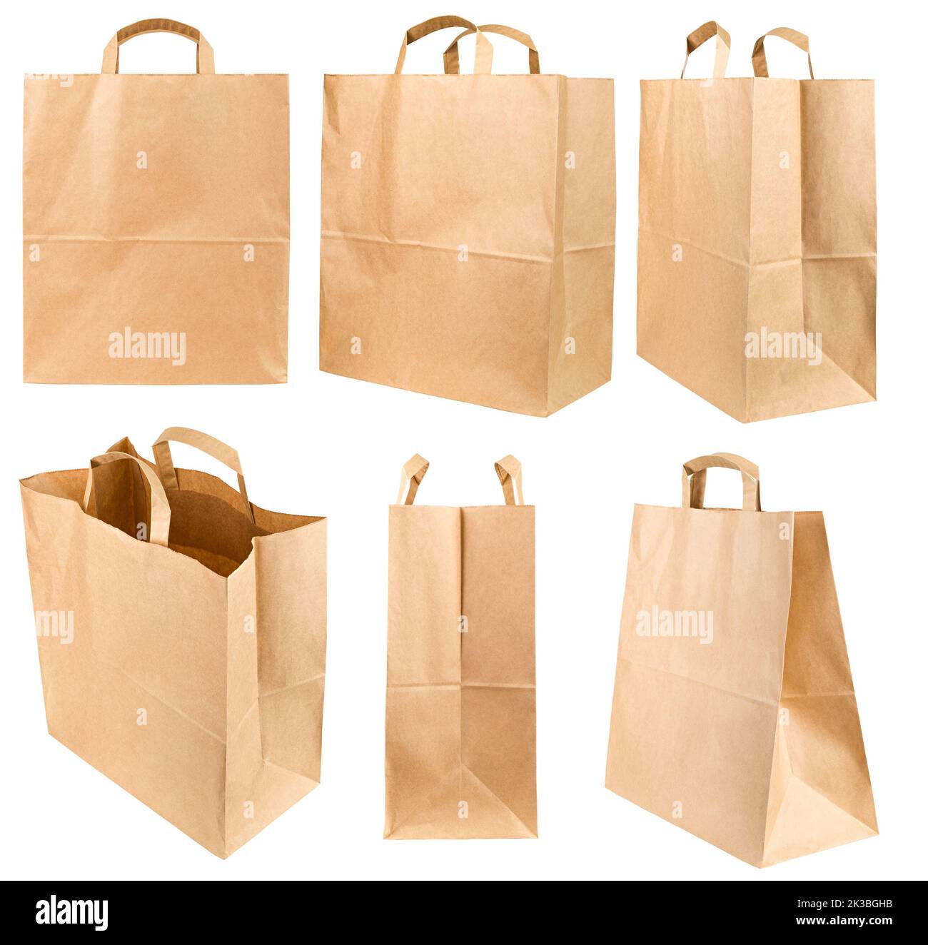 Sacchetto di carta marrone isolato su sfondo bianco, percorso di ritaglio, profondità di campo completa Foto Stock