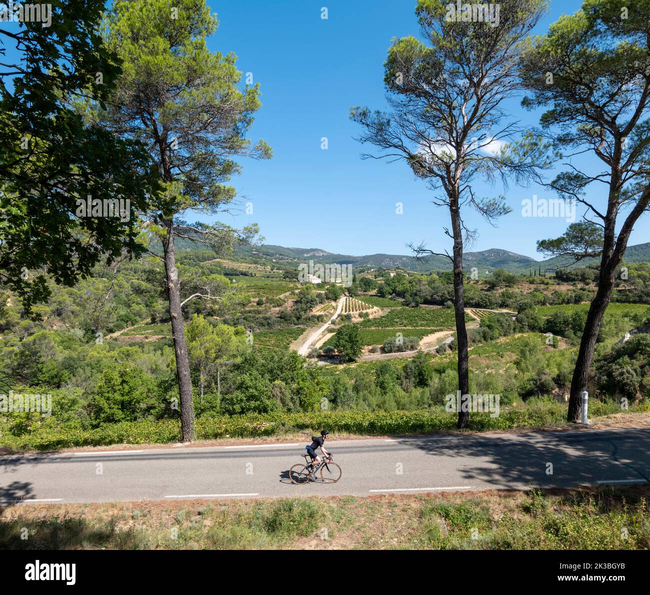 Ciclista su strada maschile che attraversa la catena montuosa Dentelles de Montmirail, Provenza, Francia. Foto Stock