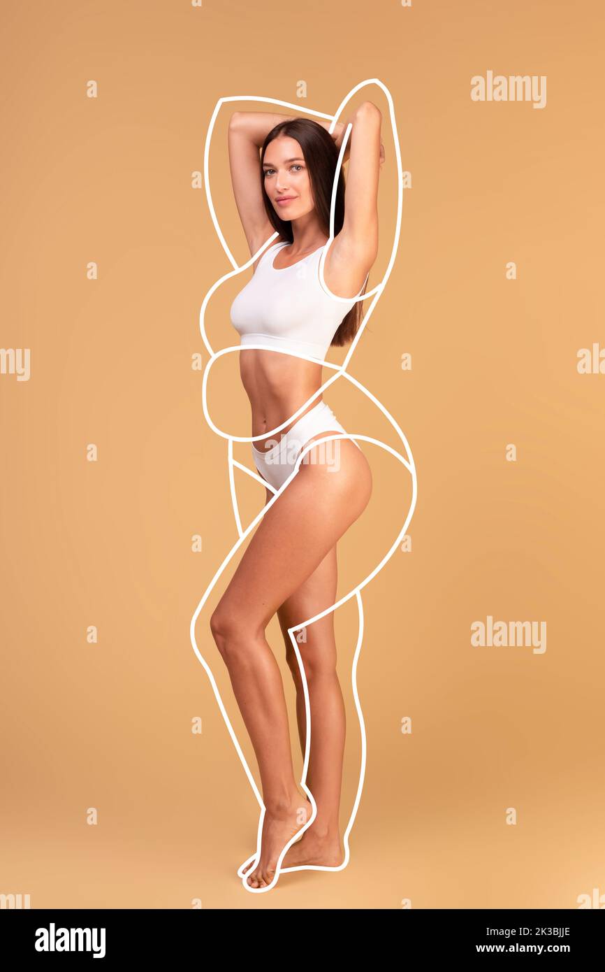 Giovane donna felice in intimo che dimostra un corpo sottile perfetto, collage con profili di silhouette sovrappeso Foto Stock