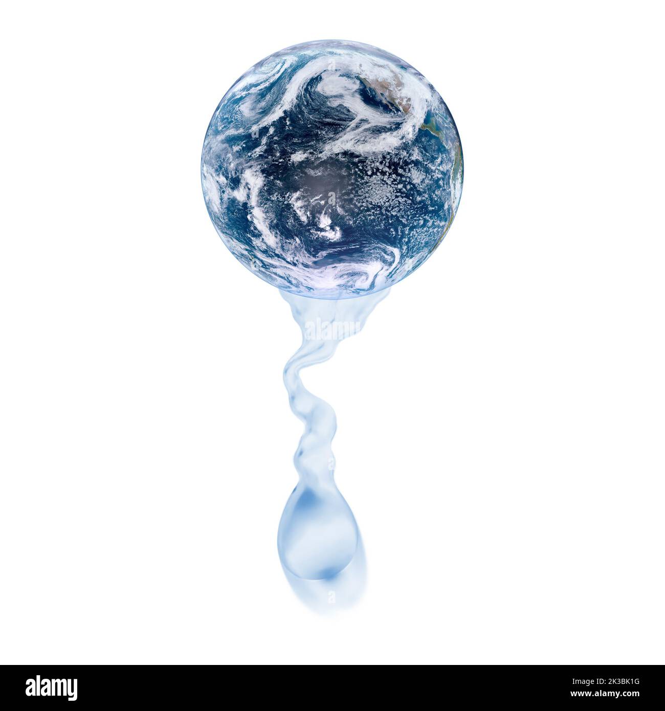 Mancanza di concetto di acqua sulla terra isolata su sfondo bianco. Acqua che gocciola dal mondo. Giornata della Terra o concetto di Giornata Mondiale dell'acqua. Elementi di questo ima Foto Stock