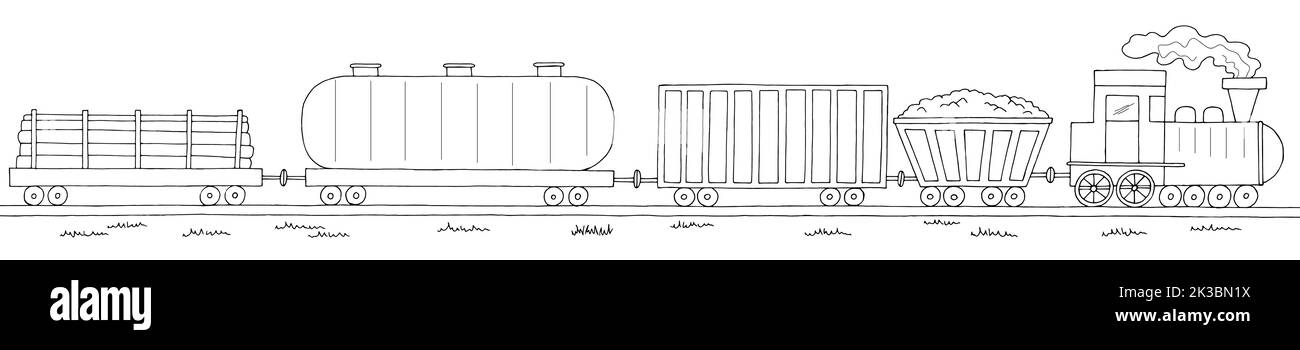 Vecchio viaggio treno grafico bianco nero schizzo lungo vettore illustrazione Illustrazione Vettoriale