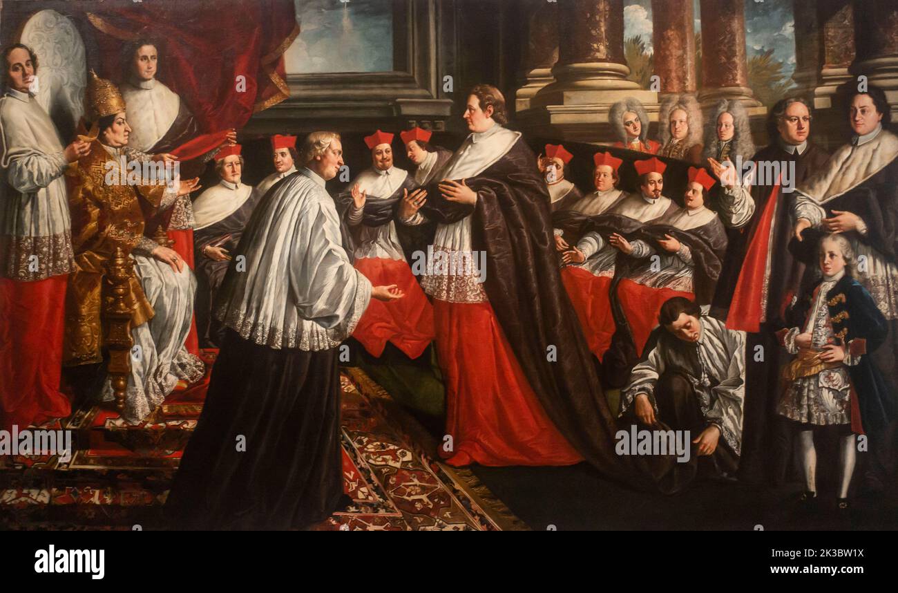 Museo di Roma, Palazzo Braschi - Pieri Leone Ghezzi 1724 - olio su tela . Papa Clemente XI conferisce il cappello del Cardinale a Giulio Alberoni Foto Stock