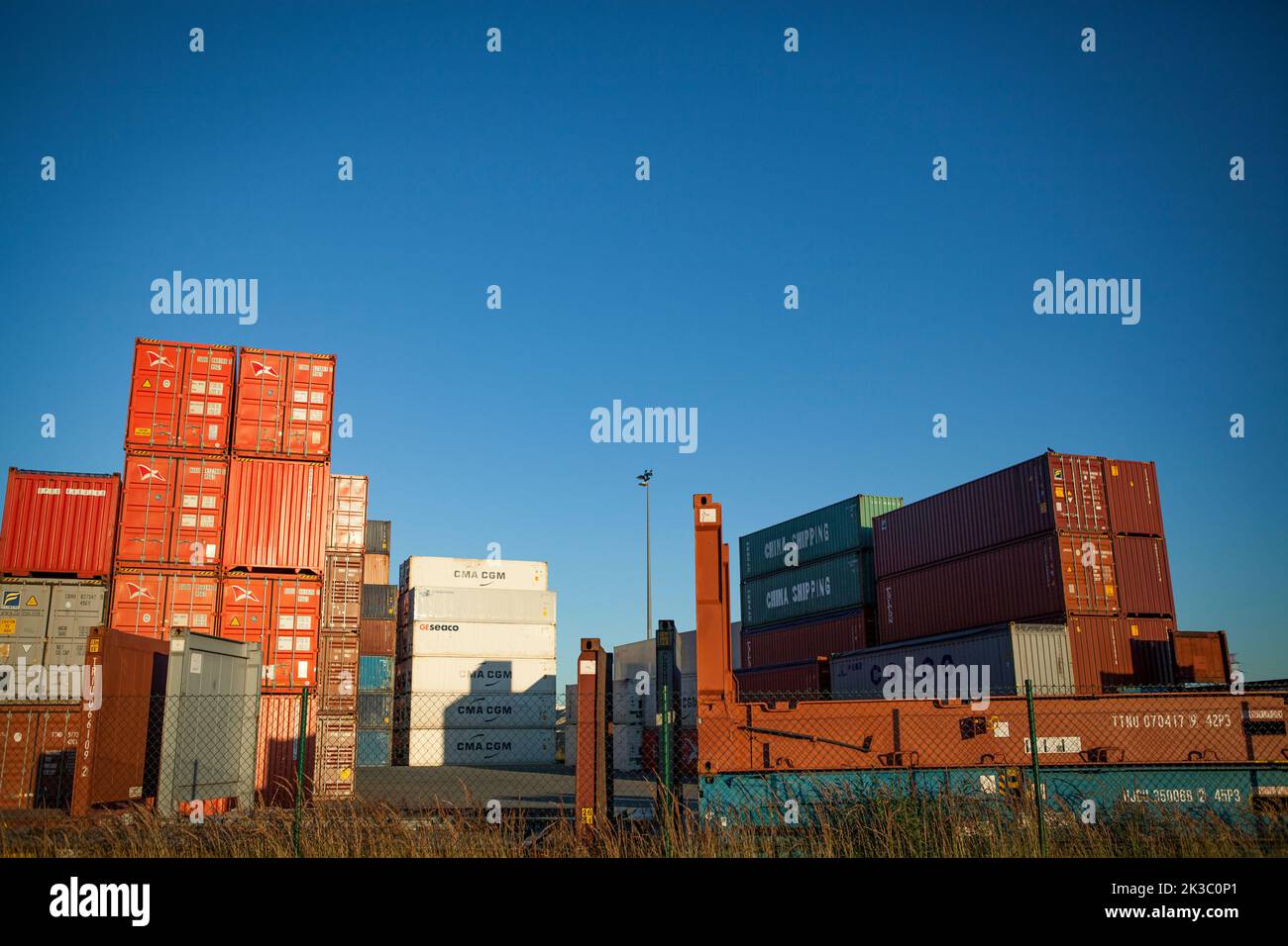 Container in attesa di trasposizione nel porto di Anversa, Belgio Foto Stock
