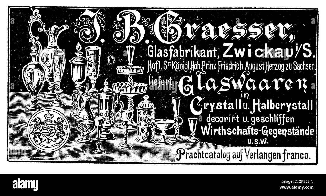Werbeanzeige der Firma Graesser, Glasfabrikant aus Zwickau, 1890, Deutschland / Pubblicità della società Graesser, produttore di vetro da Zwickau, 1890, Germania, Historisch, restaurierte digitale Reproduktion einer Originalvorlage aus dem 19. Jahrhundert, genaues Originaldatum nicht bekannt / riproduzione storica, digitale migliorata di un originale del 19th ° secolo, Foto Stock