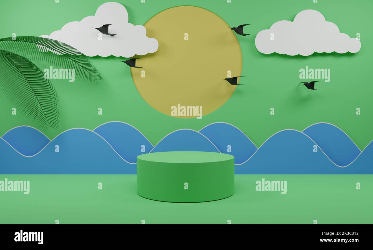 podio verde con sfondo spiaggia.3d rendering. Foto Stock