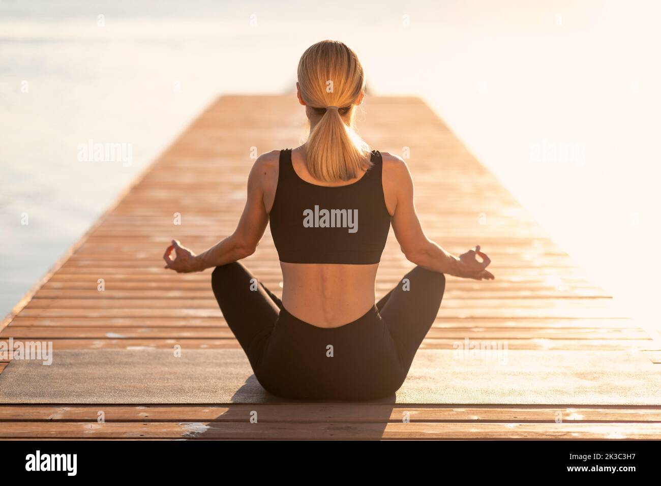 Meditazione mattutina. Vista posteriore della donna sportiva in abbigliamento sportivo pratica yoga all'aperto Foto Stock