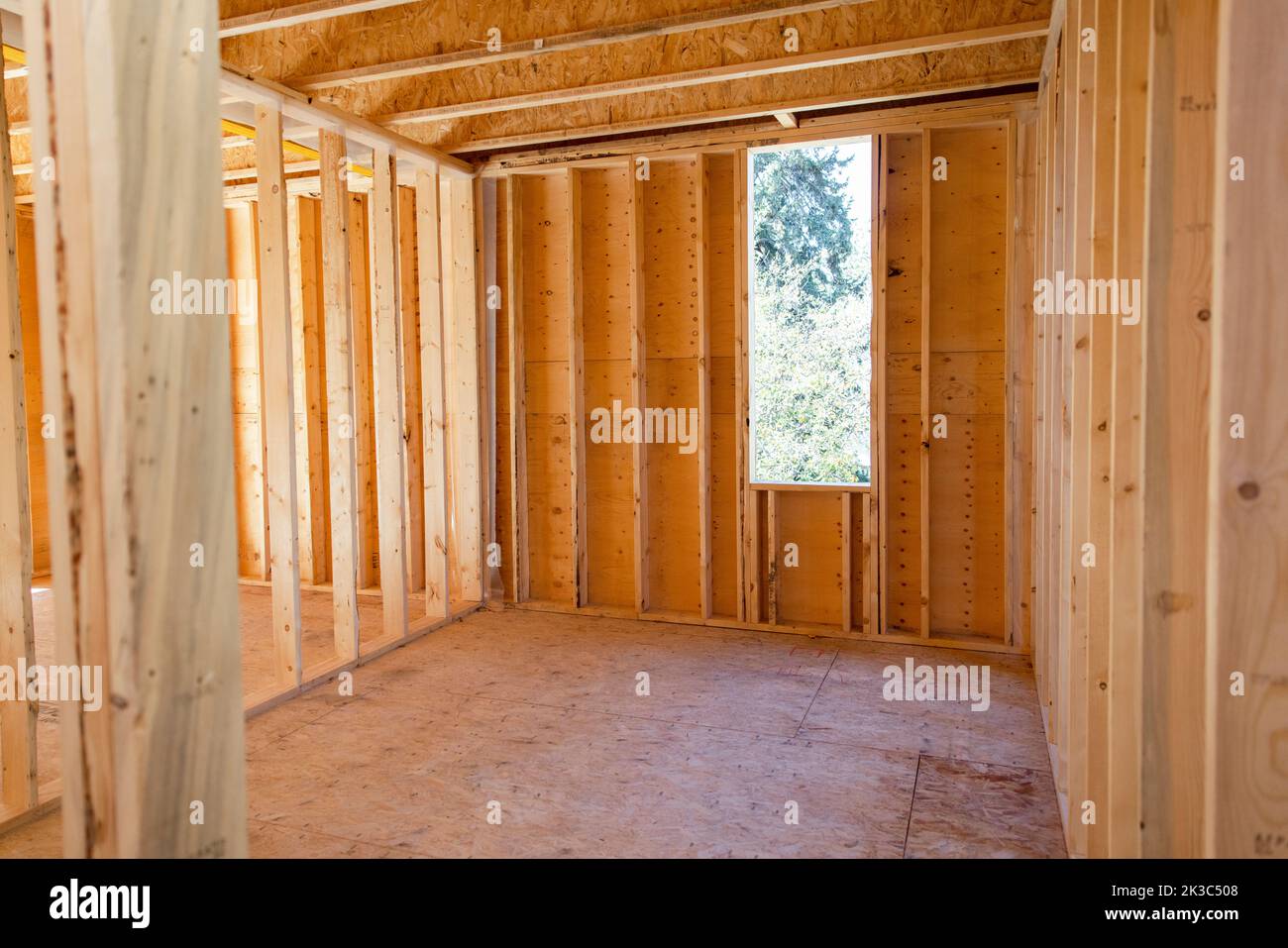Interno di camera incorniciata in casa in costruzione Foto Stock