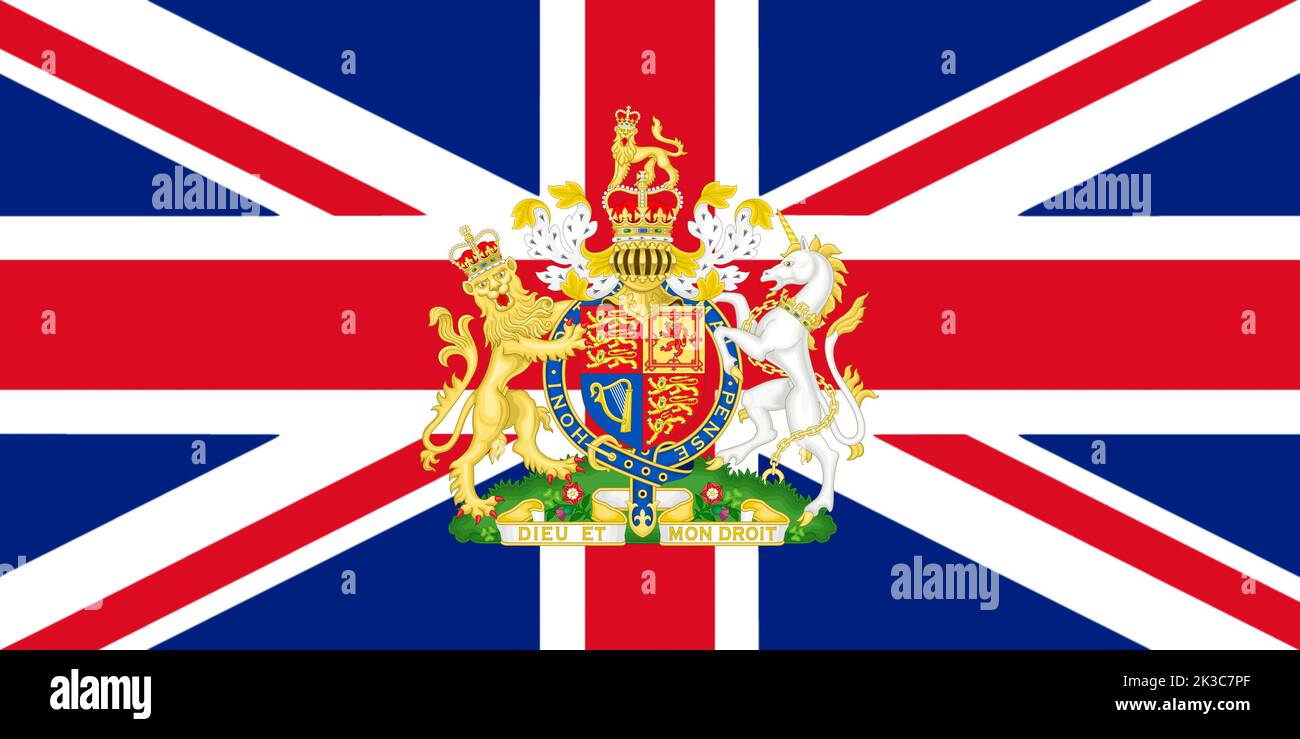 Bandiera del Regno Unito con stemma reale 3D illustrazione Foto Stock