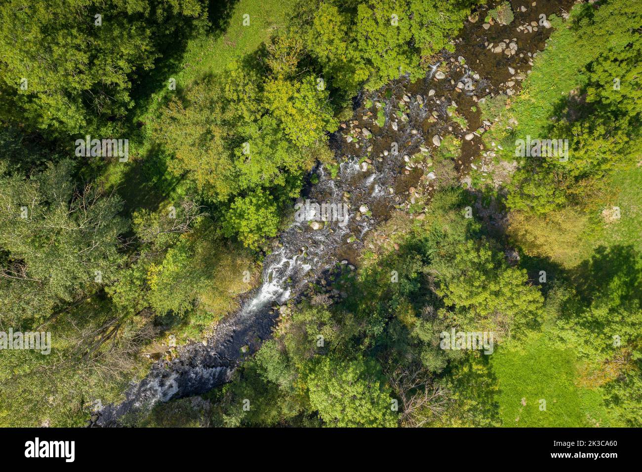 Veduta aerea del fiume Noguera de Cardós vicino a Lladrós, nella valle di Cardós (Pallars Sobirà, Lleida, Catalogna, Spagna, Pirenei) Foto Stock