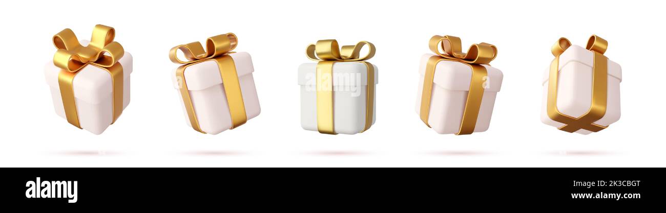 Set di scatole regali realistiche isolate su uno sfondo bianco Illustrazione Vettoriale