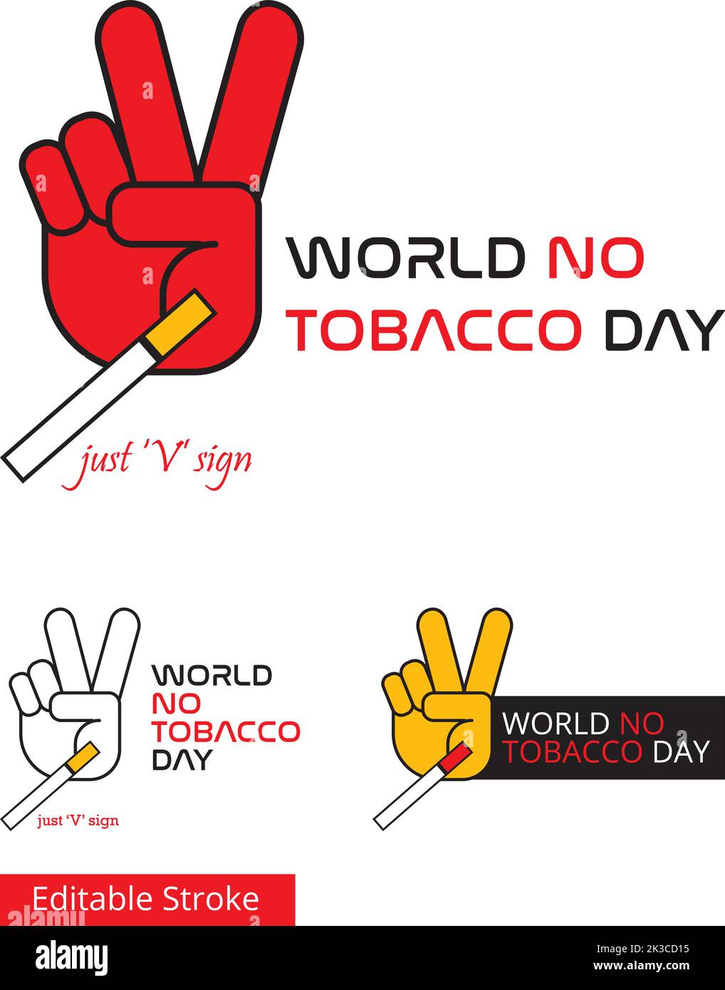 Una mano che mostra il segno V, così la sigaretta cade dalle dita. Un'idea creativa per illustrare mondo no tabacco giorno 31 maggio. Illustrazione Vettoriale