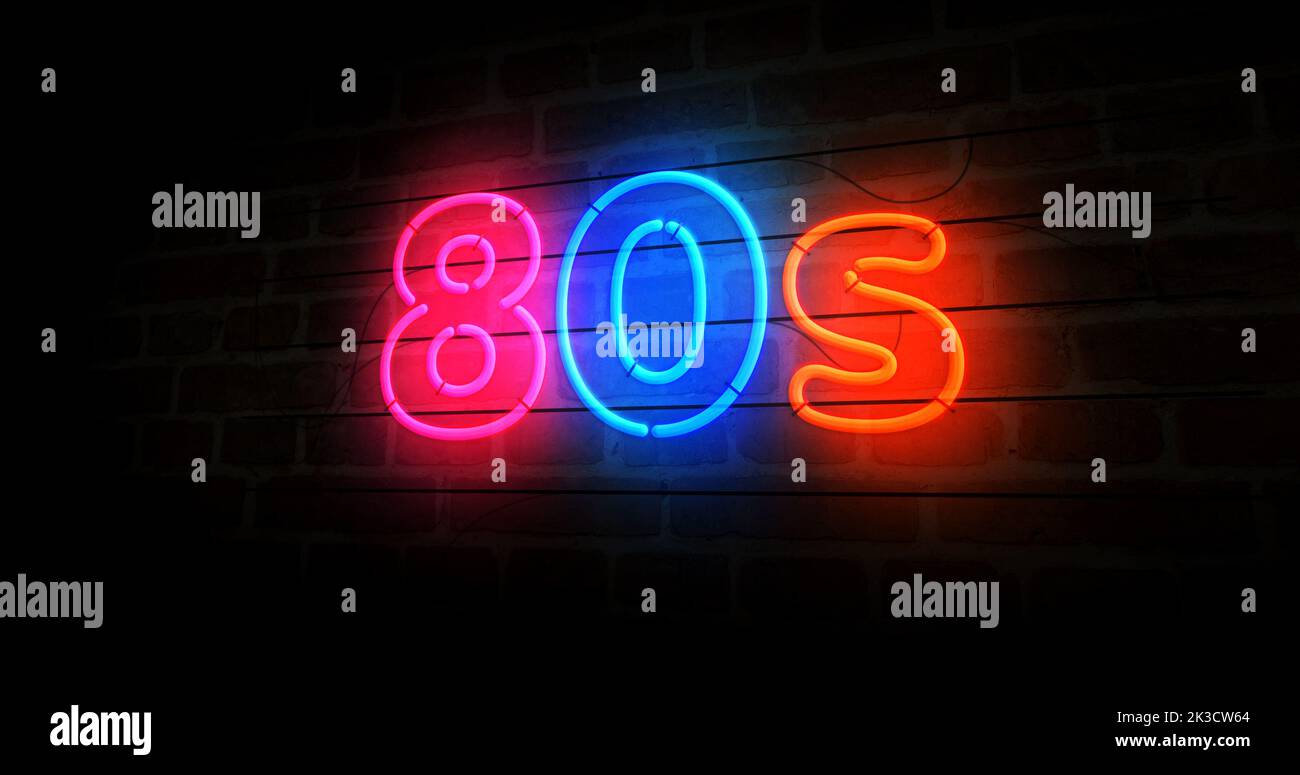 80s simbolo al neon. Retrò 1980, ottanta nostalgia e vistage stile luci di colore. Illustrazione del concetto astratto 3D. Foto Stock