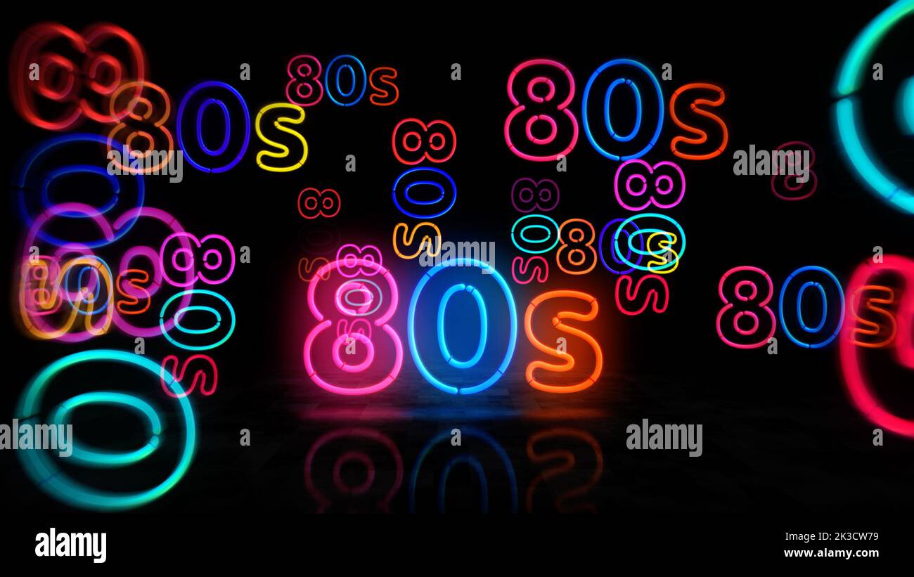 80s simbolo al neon. Retrò 1980, ottanta nostalgia e vistage stile luci di colore. Illustrazione del concetto astratto 3D. Foto Stock