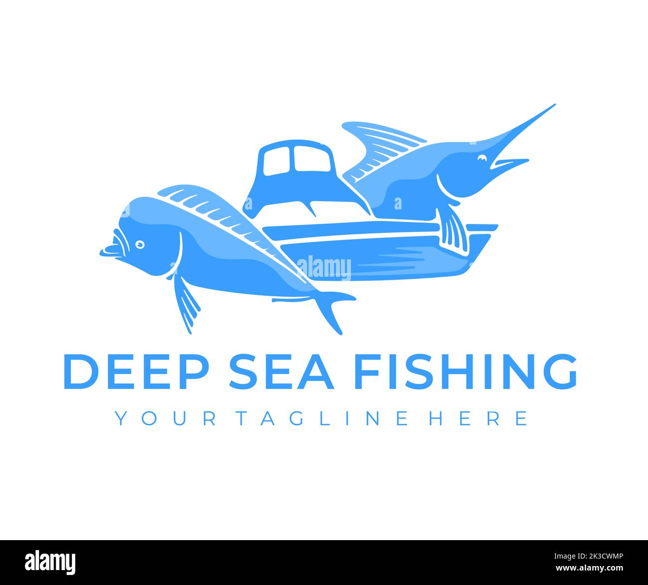 Pesca d'altura, marlin, mahi mahi e dolphinfish comune, logo design. Pesca yacht, pesca, pesca sportiva e animale, disegno vettoriale e illustrazione Illustrazione Vettoriale