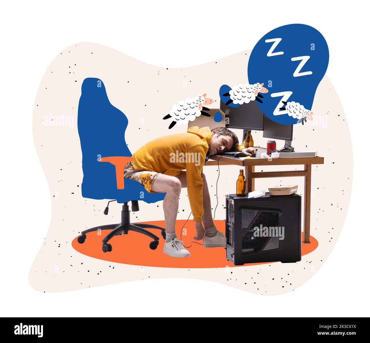 Giovane uomo che dorme alla scrivania del computer a casa. Minimalismo colorato. Business, studio, istruzione, gioventù, concetto di lavoro remoto Foto Stock