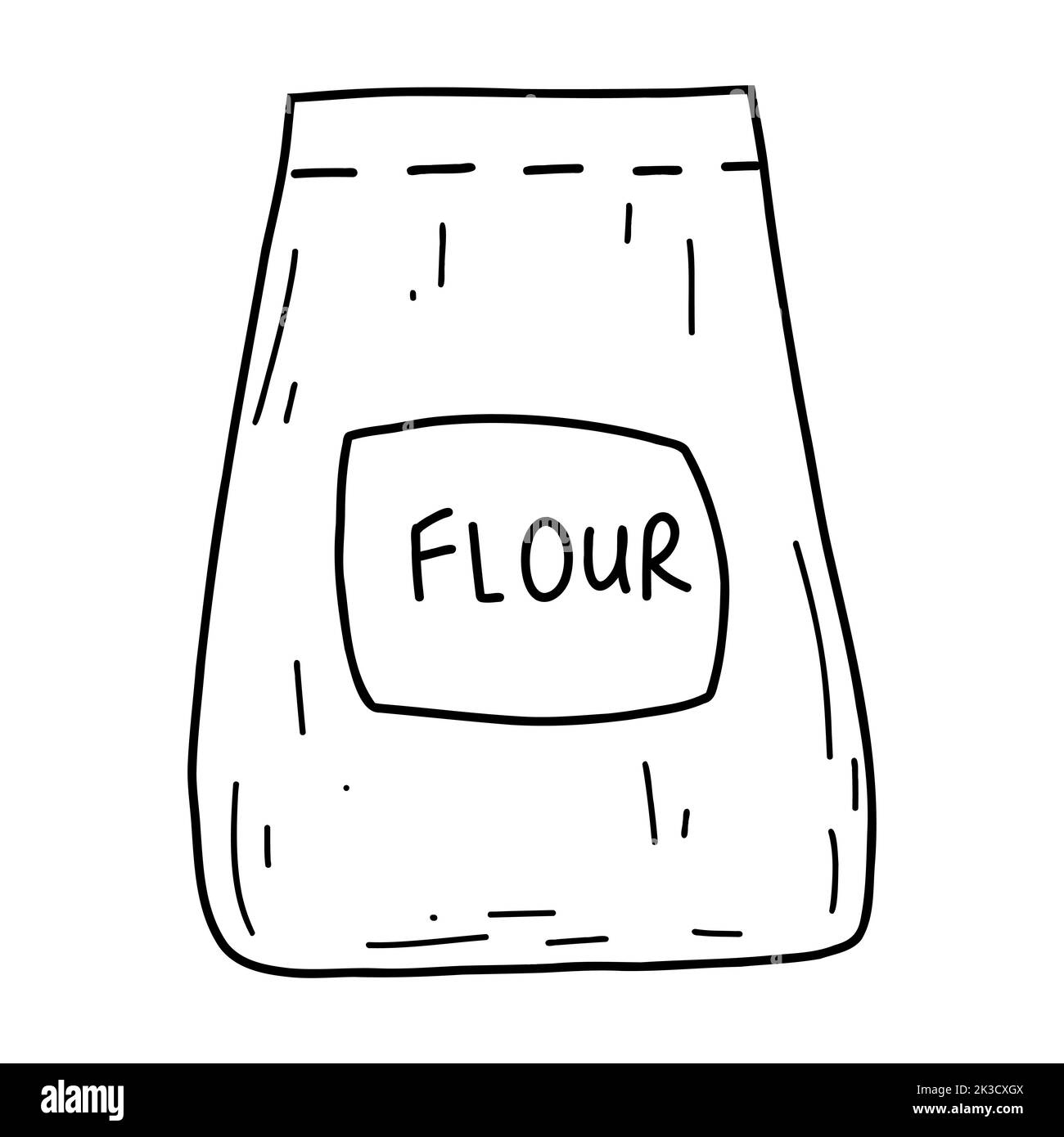 Sacchetto di farina per doodle. Disegno vettoriale di contorno illustrazione del sacco, icona di ingrediente di cottura. Illustrazione Vettoriale