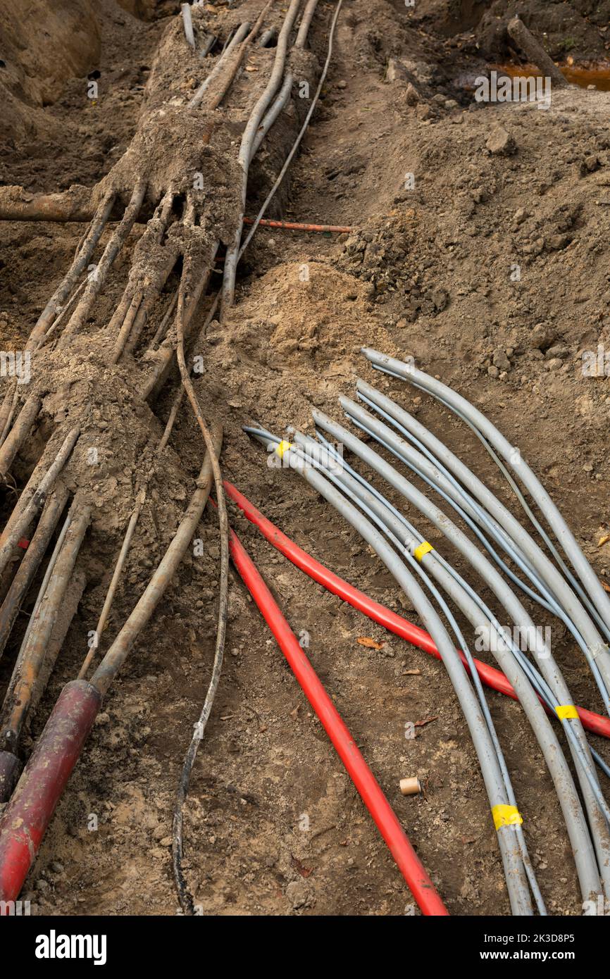 Lavori di terra con cavi per l'elettricità nei Paesi Bassi Foto Stock