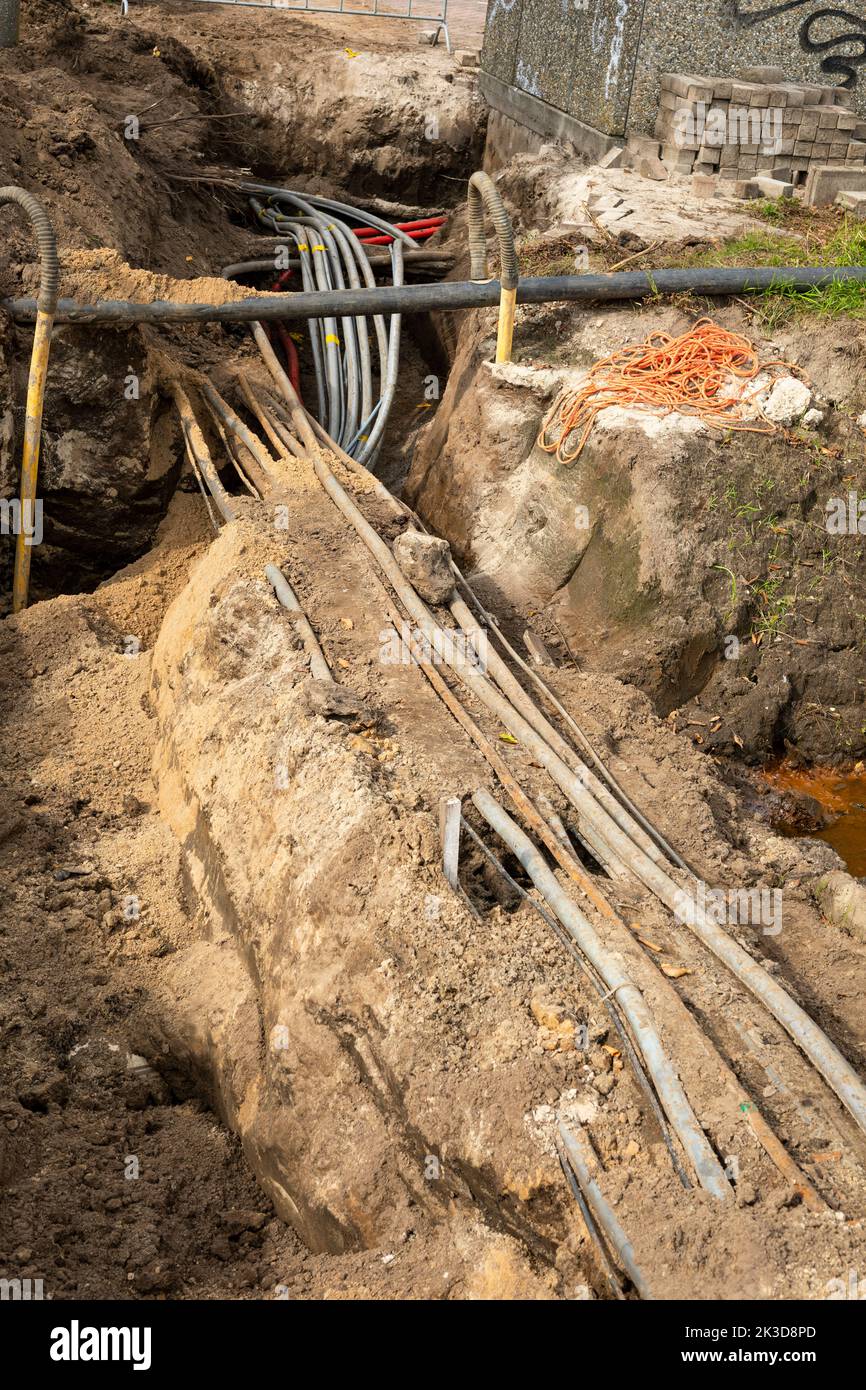 Lavori di terra con cavi per l'elettricità nei Paesi Bassi Foto Stock