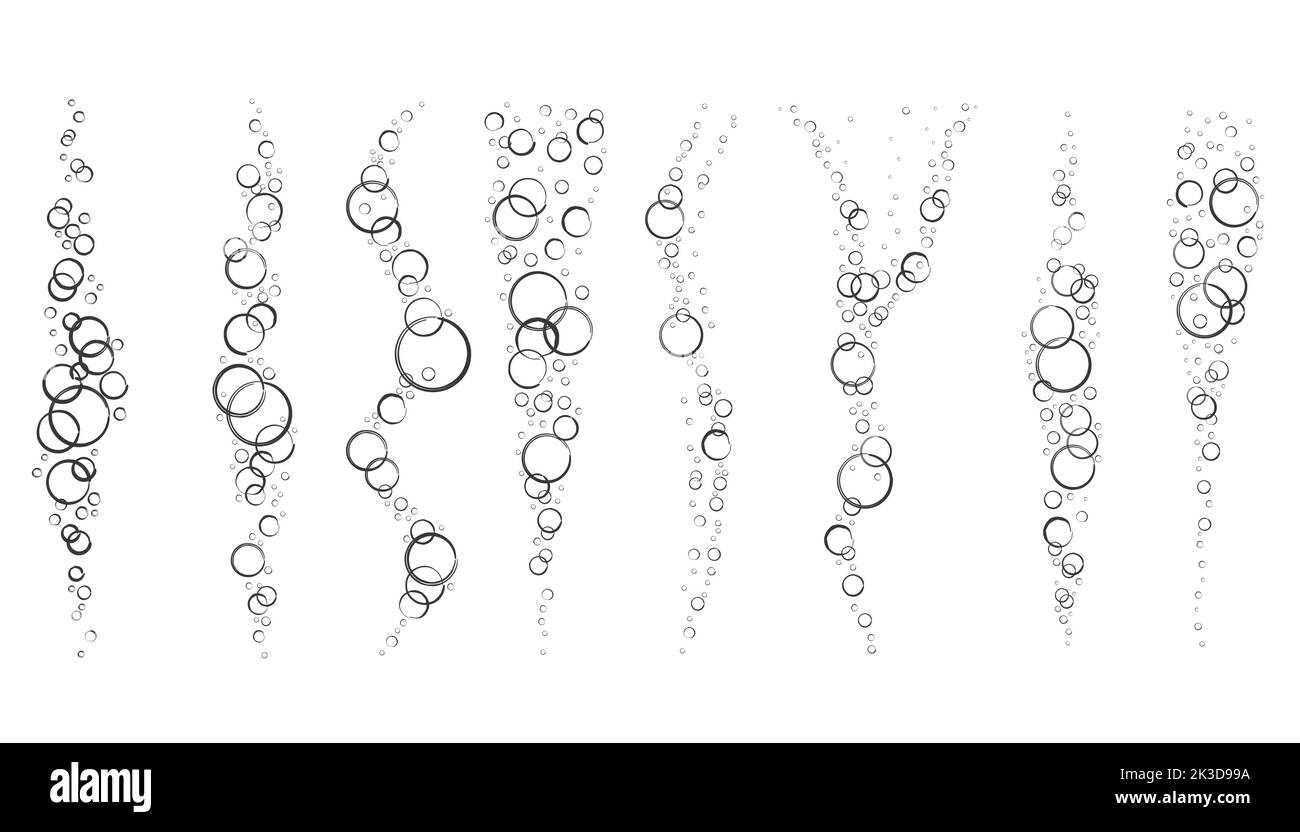 Bolle di fizzy drink, aria o sapone. Flussi verticali di acqua. Illustrazione vettoriale del doodle del contorno. Illustrazione Vettoriale