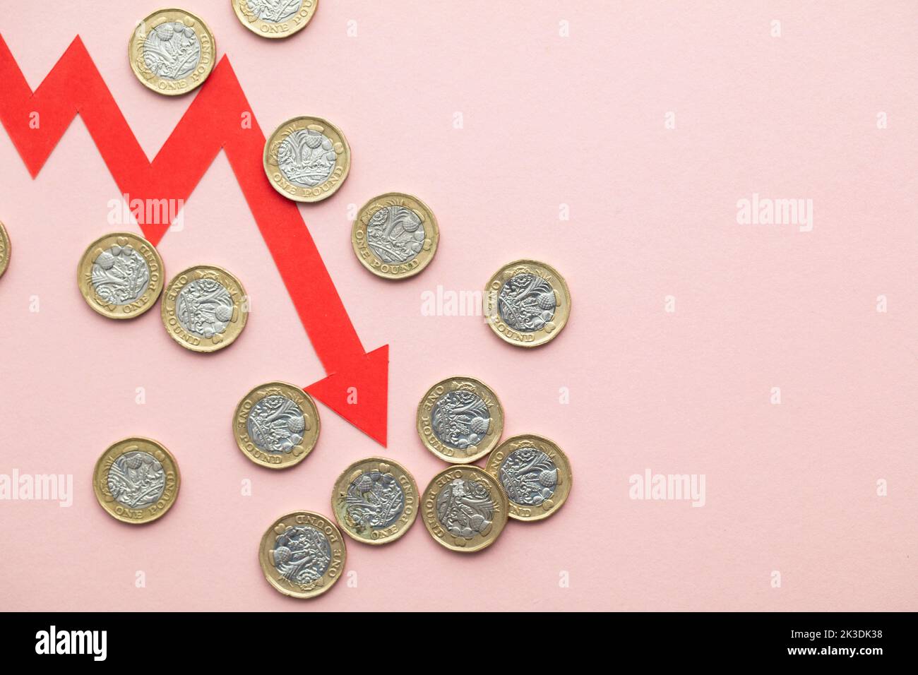 Monete in sterline britanniche con una freccia rossa rivolta verso il basso. Crisi economica del Regno Unito Foto Stock