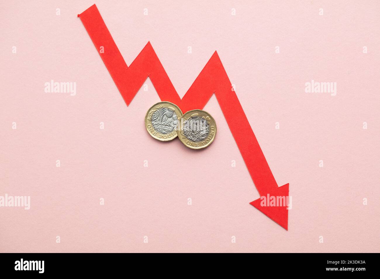 Monete in sterline britanniche con una freccia rossa rivolta verso il basso. Crisi economica del Regno Unito Foto Stock
