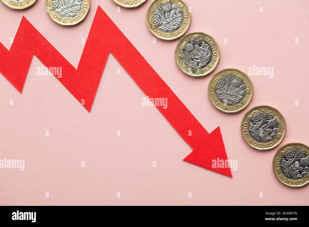 Monete in sterline britanniche con una freccia rossa rivolta verso il basso. Crisi economica del Regno Unito Foto Stock
