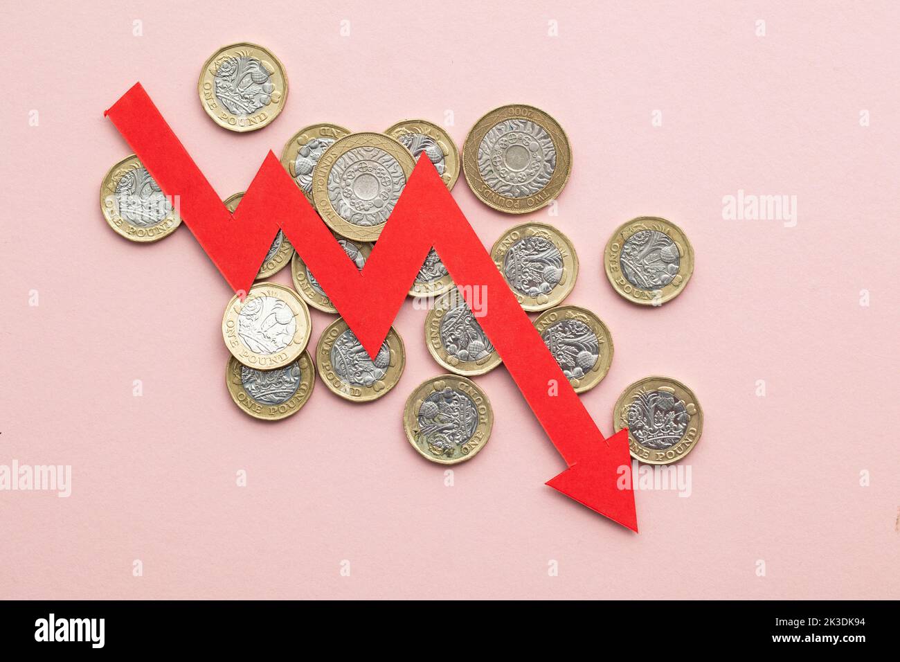 Monete in sterline britanniche con una freccia rossa rivolta verso il basso. Crisi economica del Regno Unito Foto Stock
