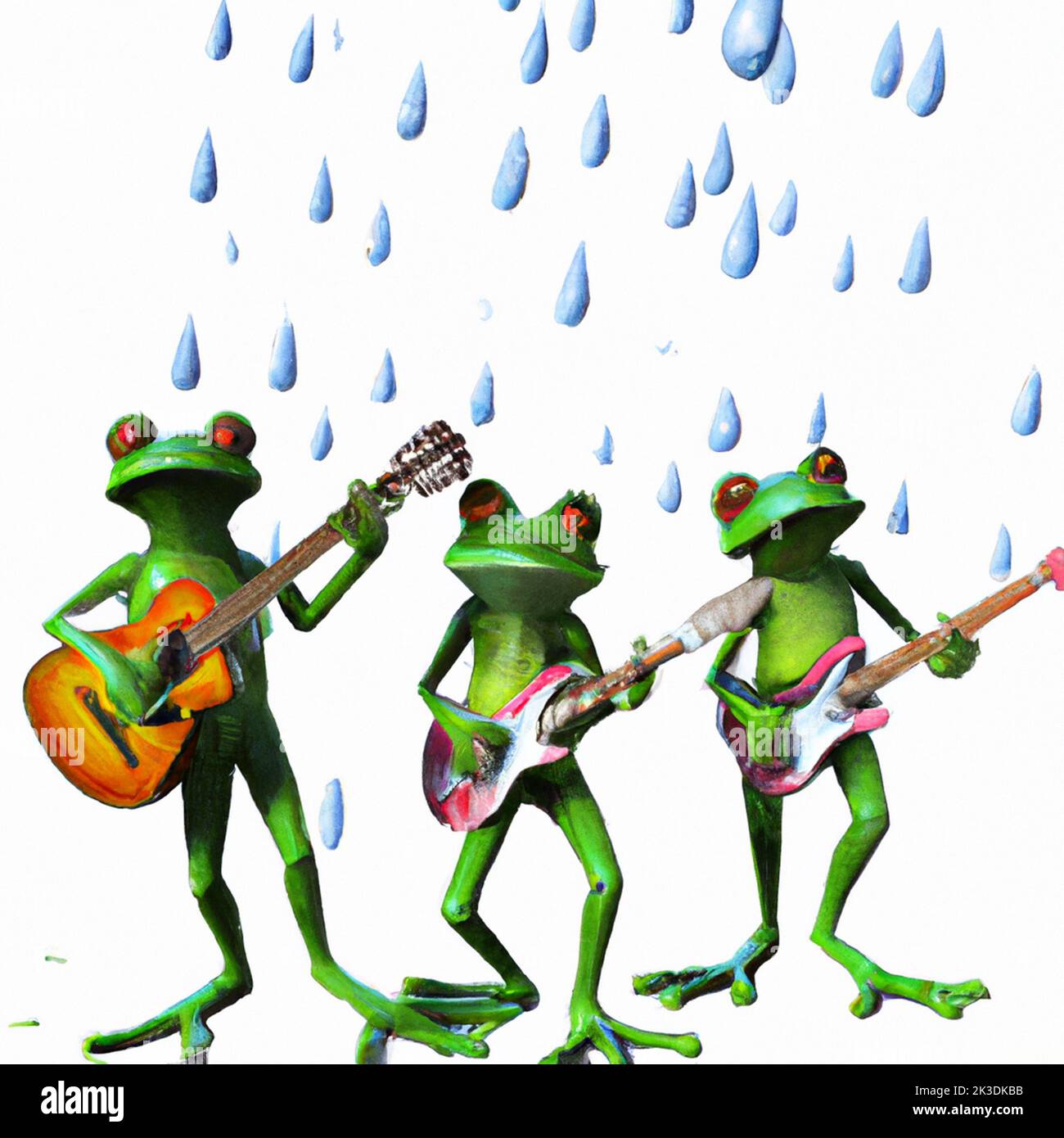 rane che suonano la chitarra sotto il disegno della pioggia Foto Stock