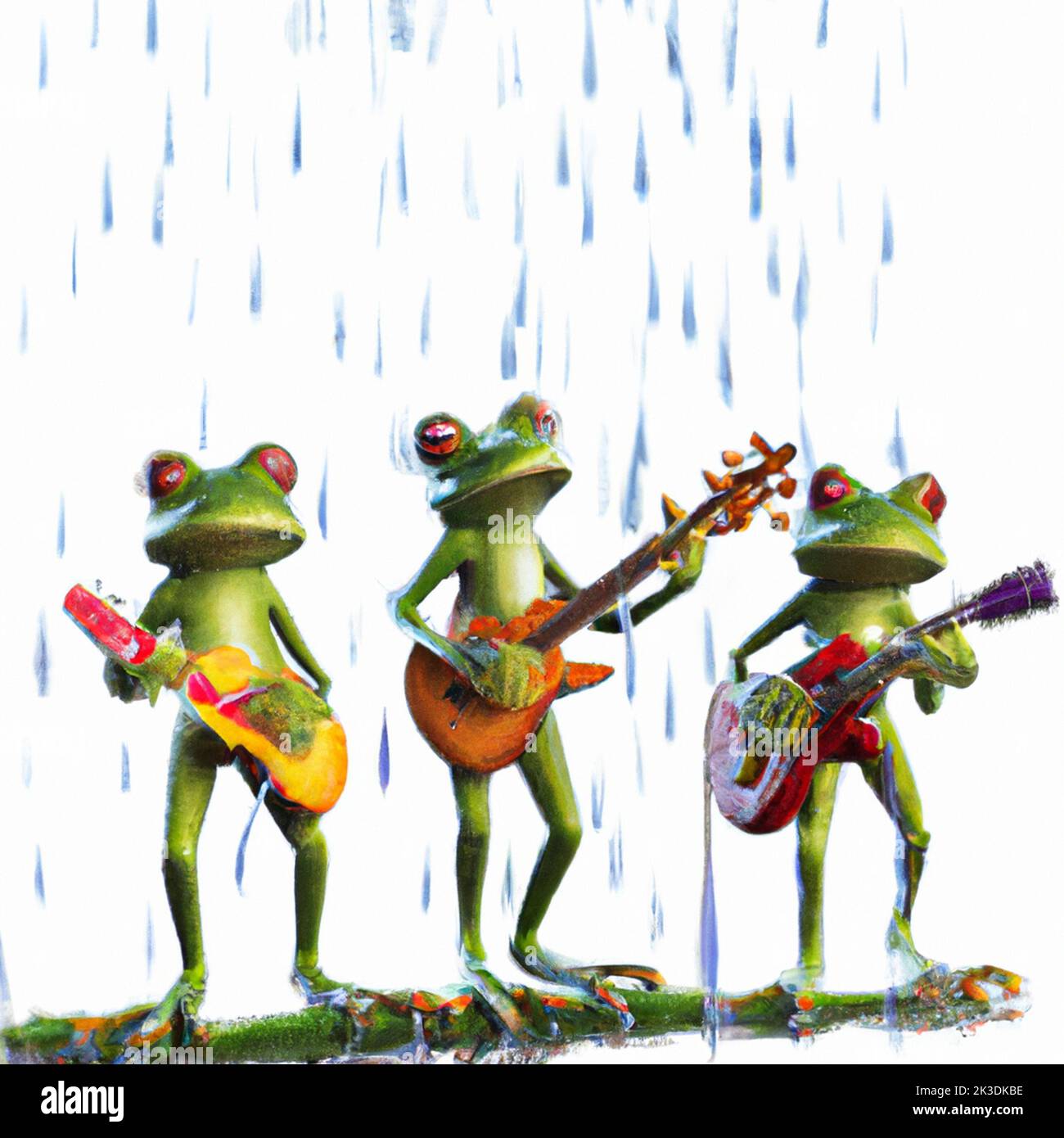 rane che suonano la chitarra sotto il disegno della pioggia Foto Stock