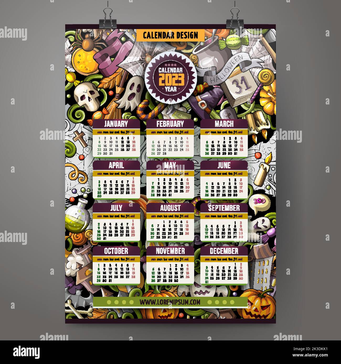 Cartoon doodles Halloween 2023 anno calendario modello. Illustrazione Vettoriale