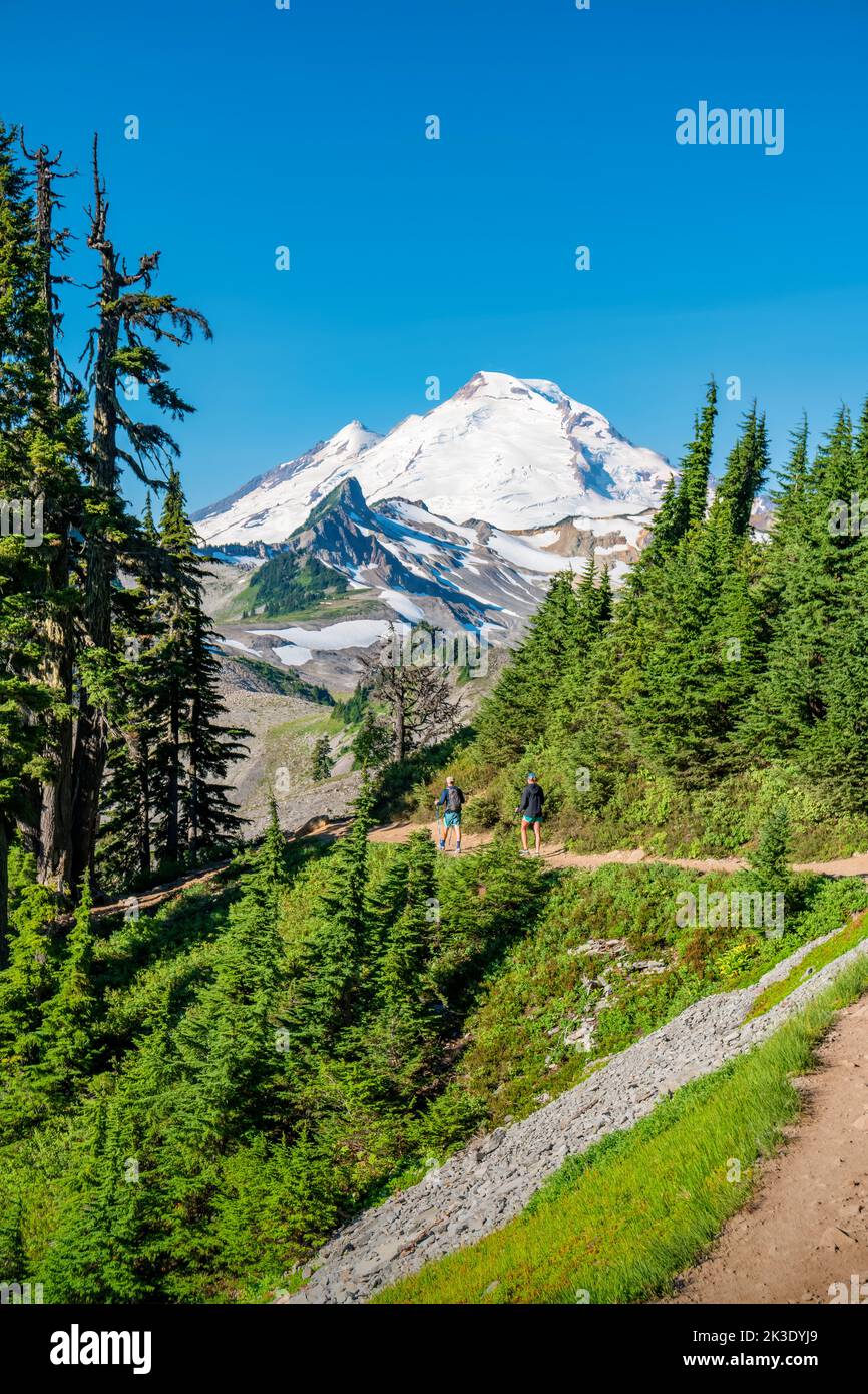 Escursioni in coppia sul percorso Chain Lakes Loop, con il monte Baker sullo sfondo, nello stato di Washington, USA, in una giornata di sole. Foto Stock