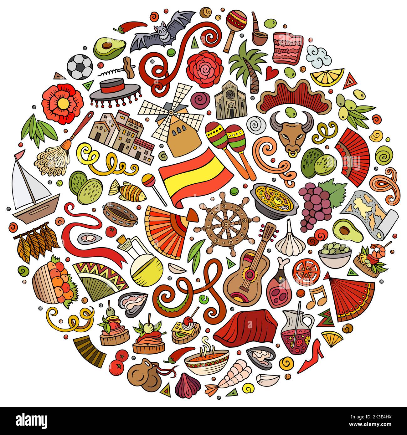 Set di oggetti, simboli e oggetti cartoni animati spagnoli Illustrazione Vettoriale