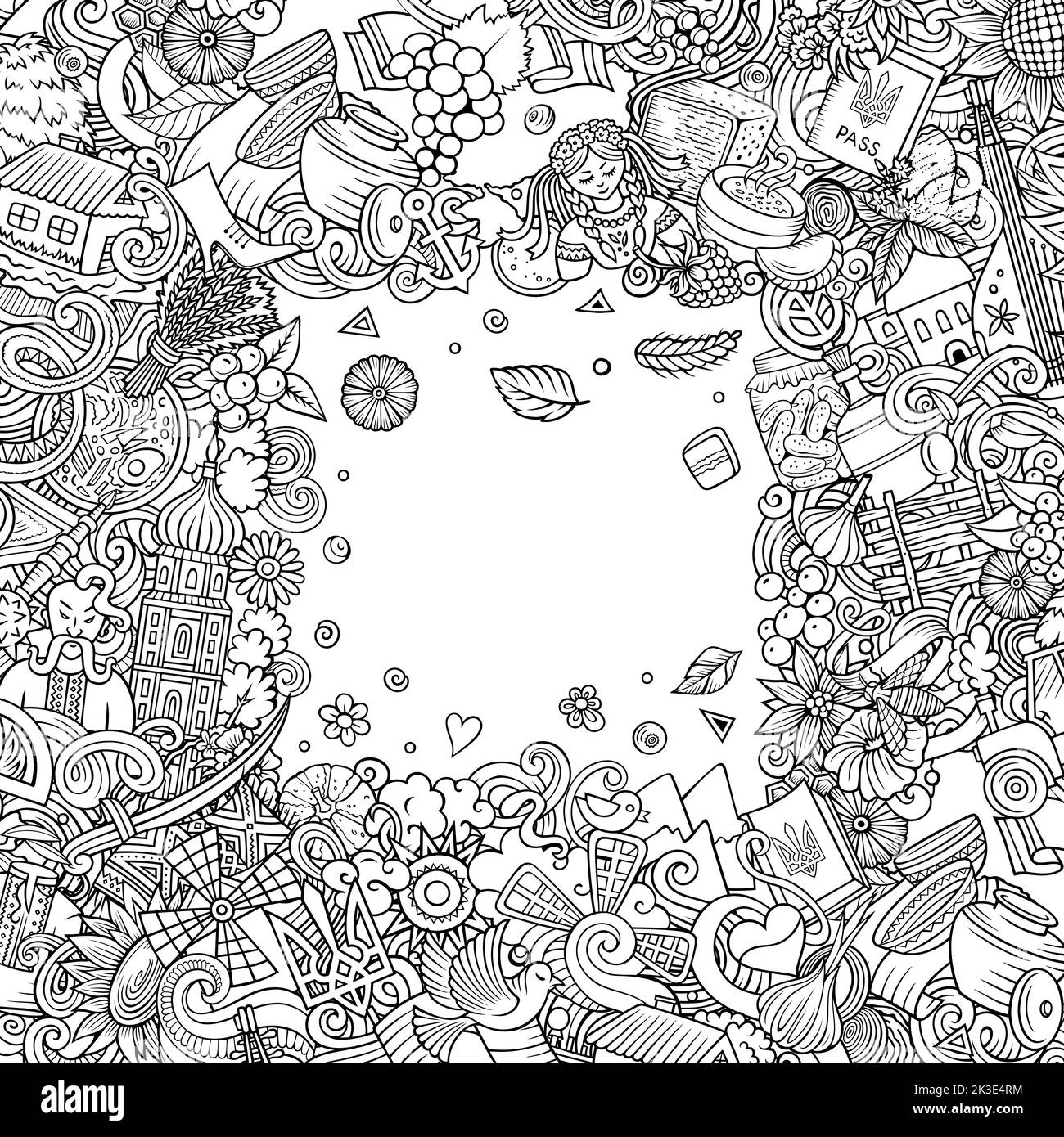 Ukraine cartoon vettore doodles telaio. Illustrazione Vettoriale