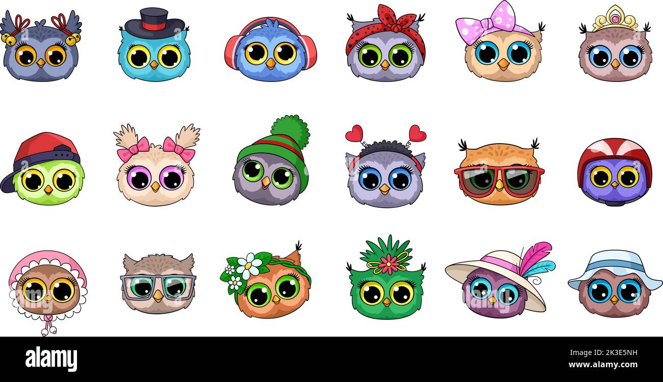 OWL facce cartone animato. Carino gufi avatar, divertenti uccelli selvatici ritratti vettoriali. Adesivi animalier infantili, personaggi della moda con occhiali da sole, cuffie Illustrazione Vettoriale