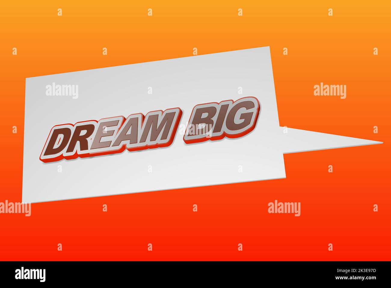 Citazione motivazionale Dream Big, con bolla di linguaggio, su sfondo astratto rosso e arancione. Illustrazione del rendering 3D. Foto Stock