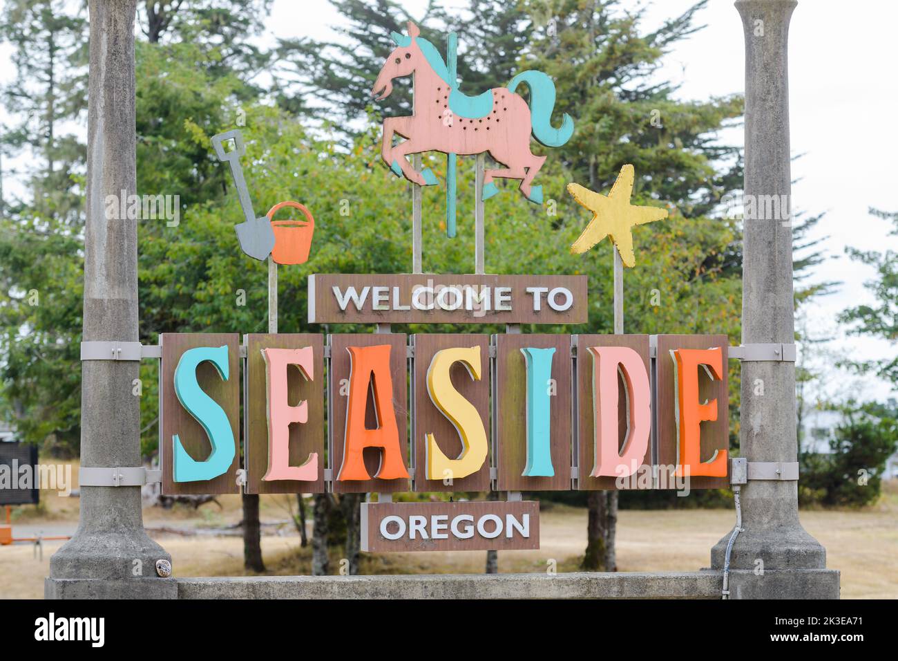 Seaside, OR, USA - 14 settembre 2022; Benvenuti a Seaside Oregon nella città caostale con oggetti di mare Foto Stock