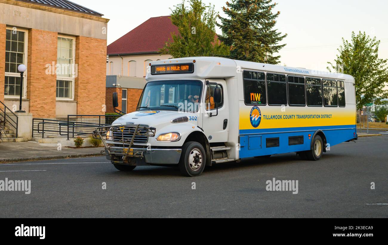 Tillamook, OR, USA - 21 settembre 2022; Tillamook County Transportation District Freightliner bus al semaforo Foto Stock