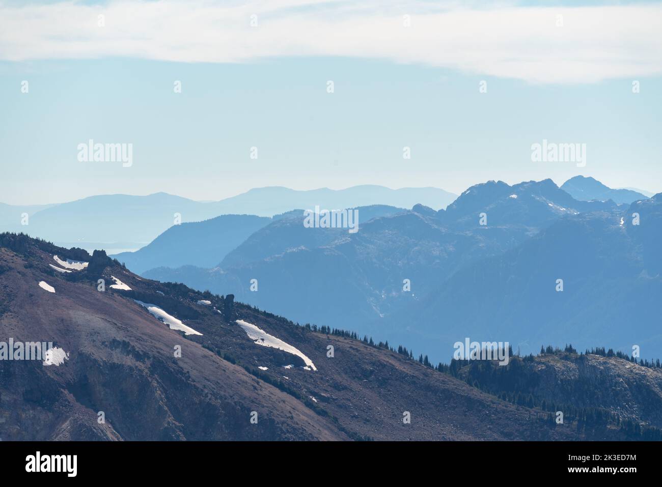 Le creste azzurre si dissolvono in lontananza da Panorama Ridge. Foto Stock