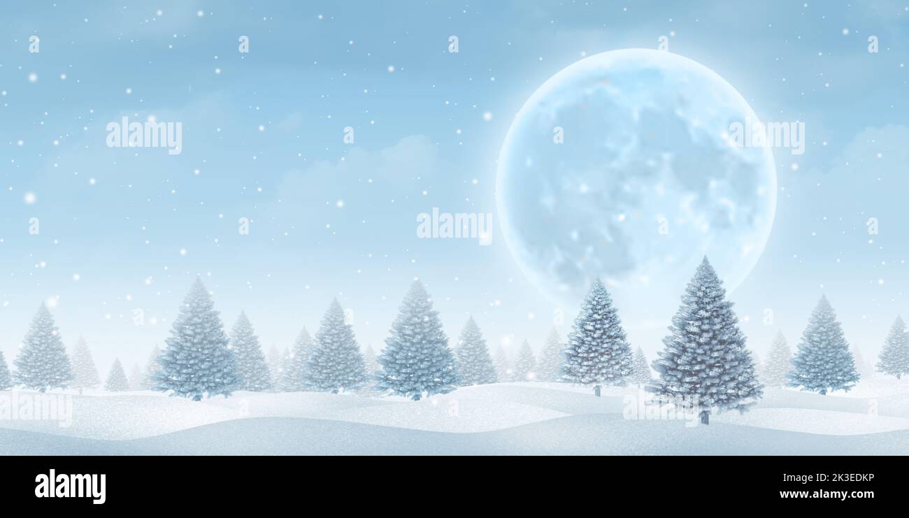 Inverno luna sfondo blu e Natale festa paesaggio con una magica foresta di pini freddi e alberi sempreverdi con gelo per le feste. Foto Stock