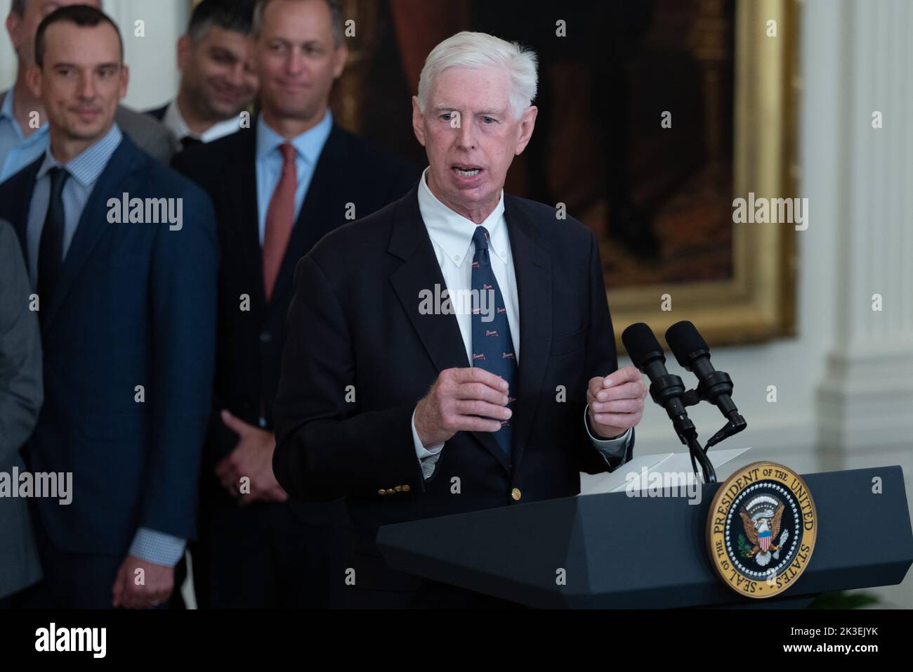 Terry McGuirk, presidente e CEO degli Atlanta Braves parla come gli Atlanta Braves sono accolti alla Casa Bianca a Washington, DC per celebrare il loro campionato di World Series 2021, 26 settembre 2022. Credit: Chris Kleponis/Pool/Sipa USA Credit: Sipa USA/Alamy Live News Foto Stock